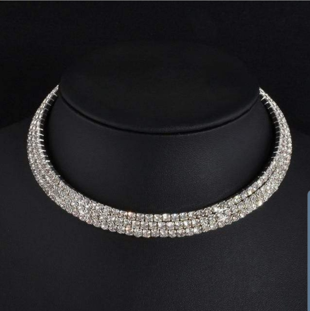 3 Row Silver & Rhinestone Choker - Picture 2 of 2